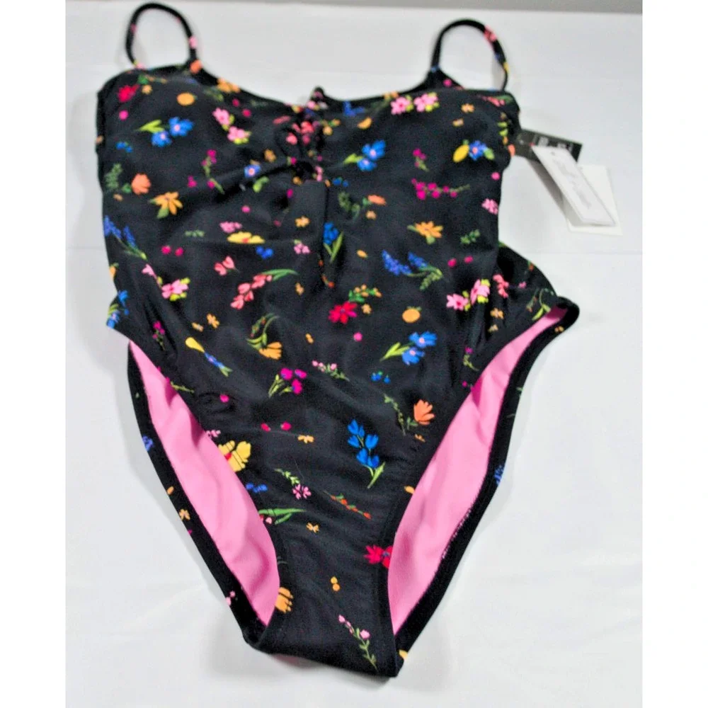 Salt + Cove Women's Floral One-Piece Swimsuit Black Pink Lace-Up Cutout Sz L NEW